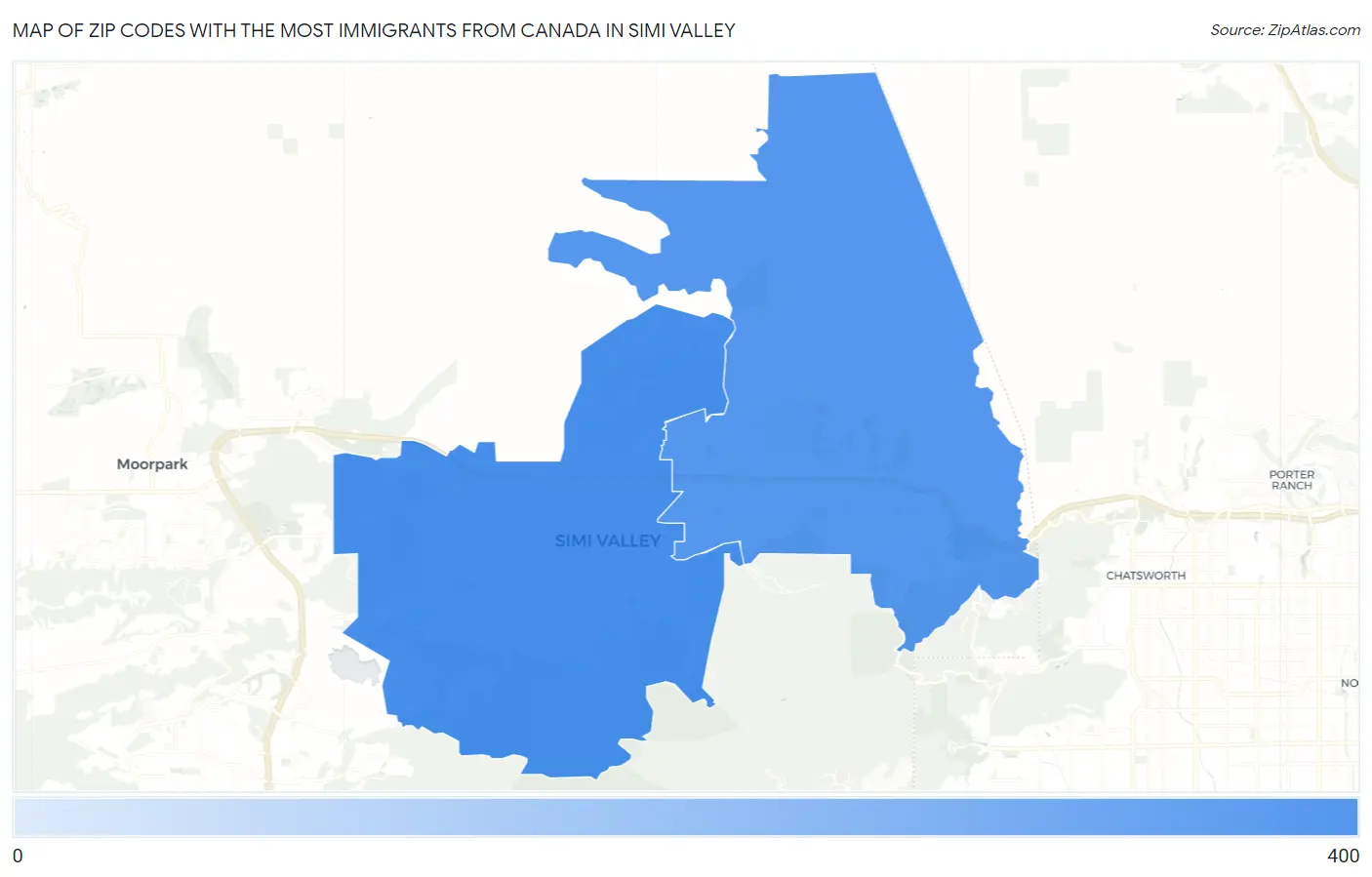 Zip Codes with the Most Immigrants from Canada in Simi Valley Map