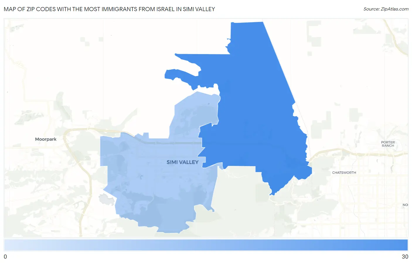 Zip Codes with the Most Immigrants from Israel in Simi Valley Map