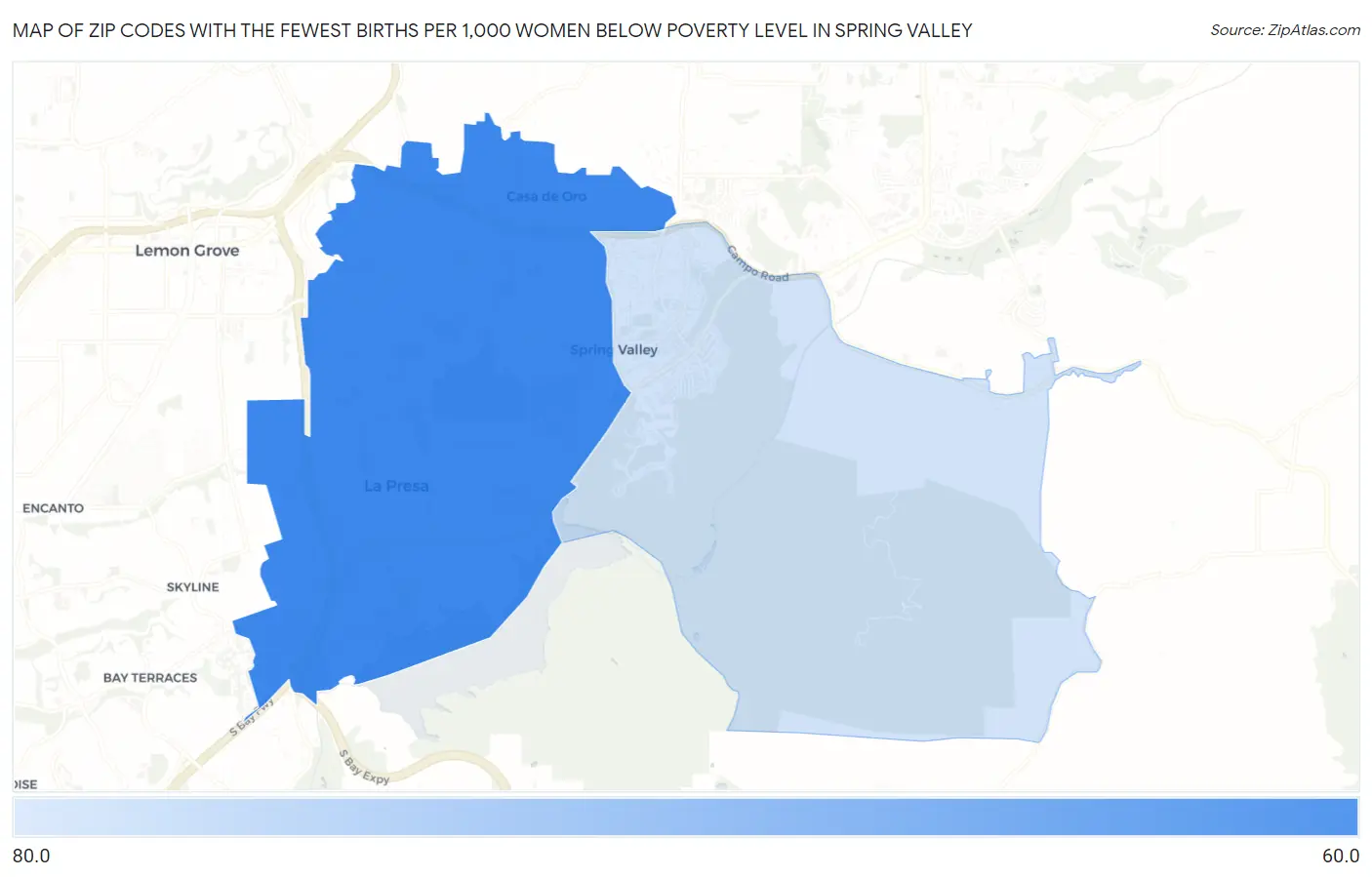 Zip Codes with the Fewest Births per 1,000 Women Below Poverty Level in Spring Valley Map