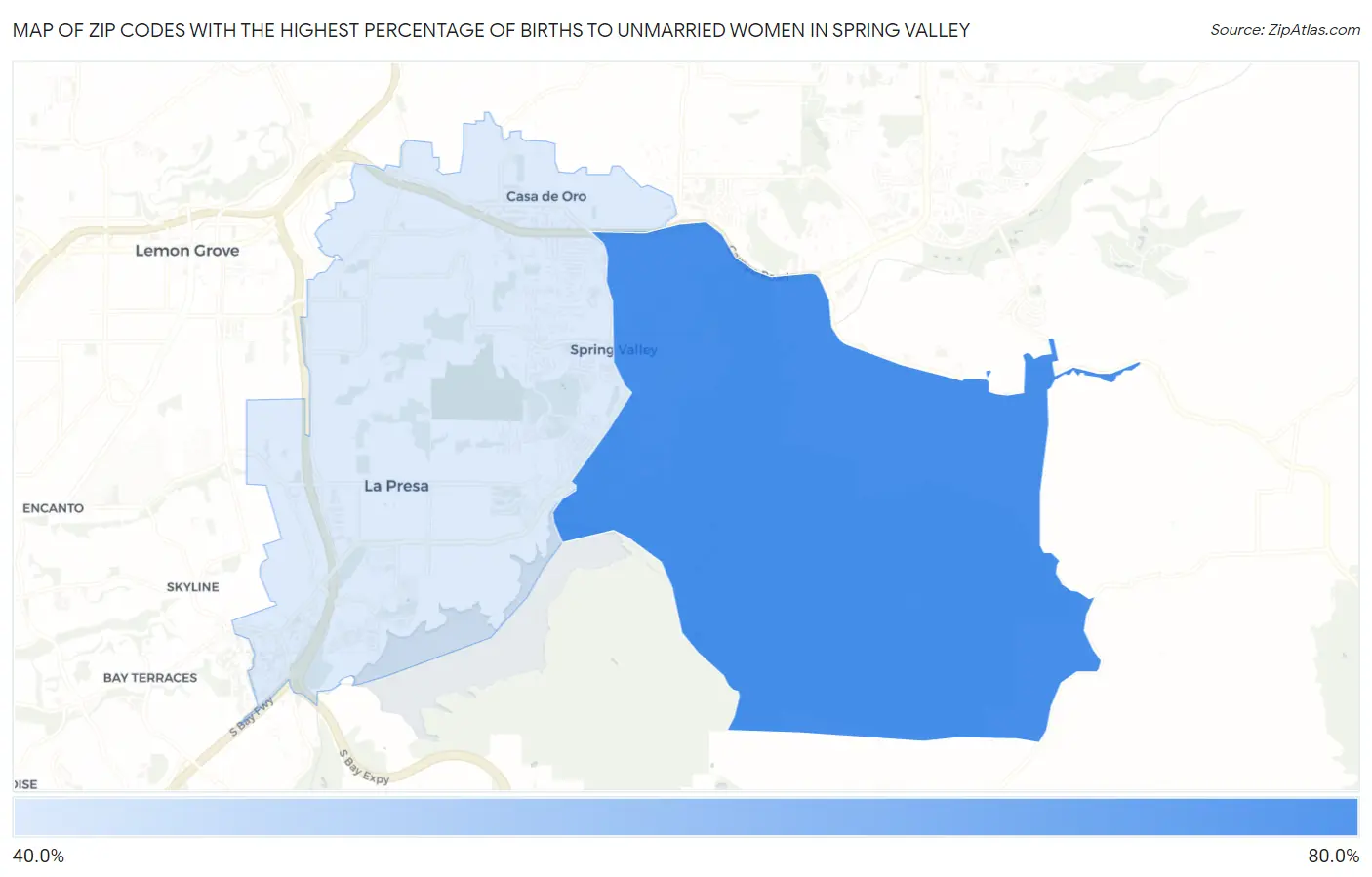 Zip Codes with the Highest Percentage of Births to Unmarried Women in Spring Valley Map