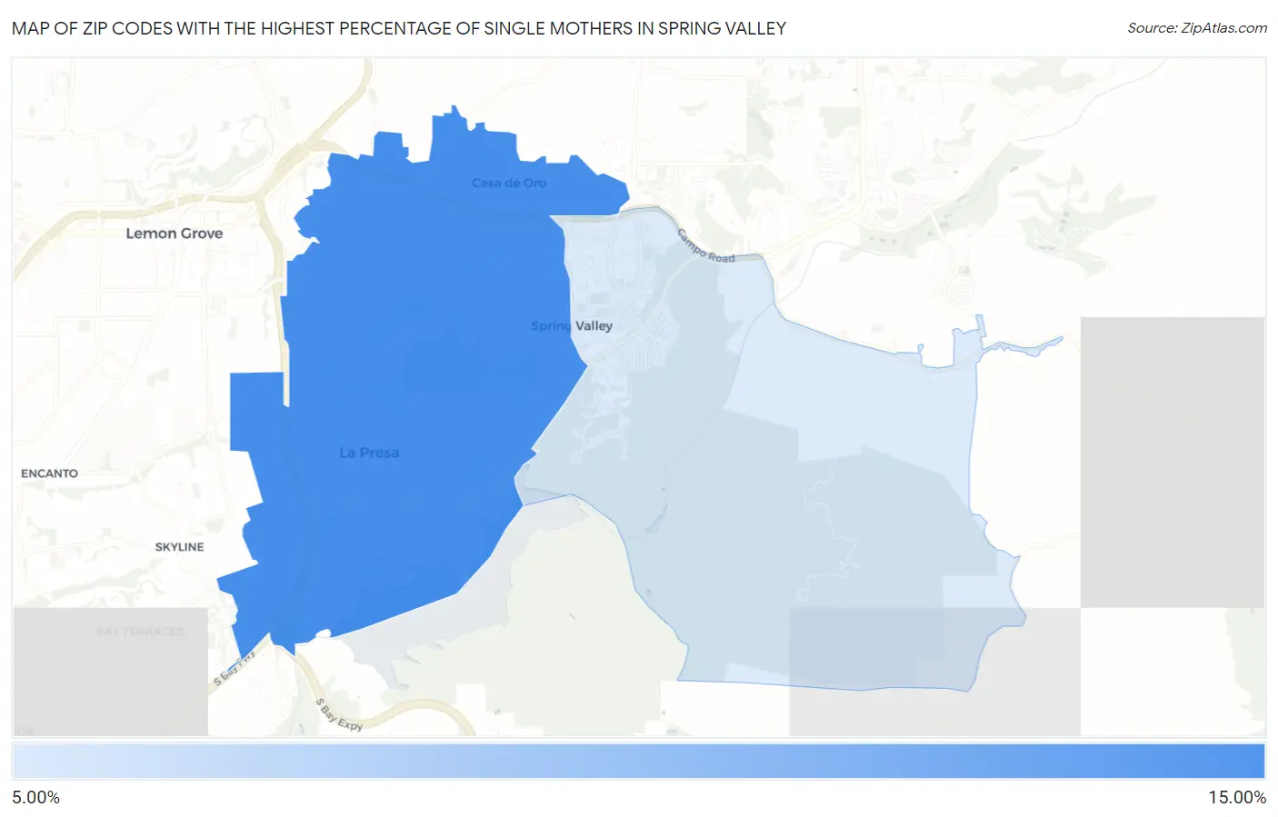 Zip Codes with the Highest Percentage of Single Mothers in Spring Valley Map