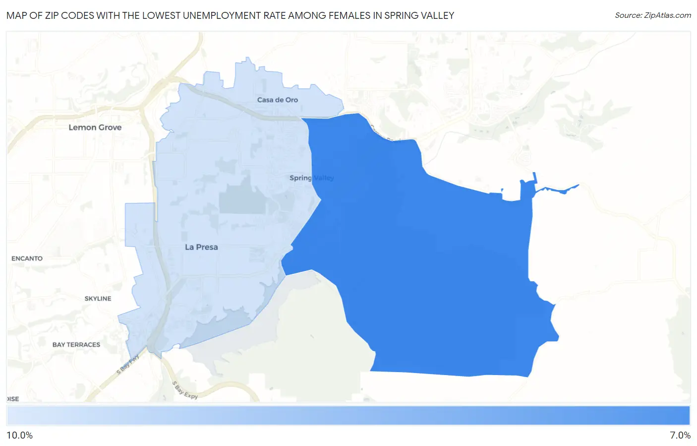 Zip Codes with the Lowest Unemployment Rate Among Females in Spring Valley Map