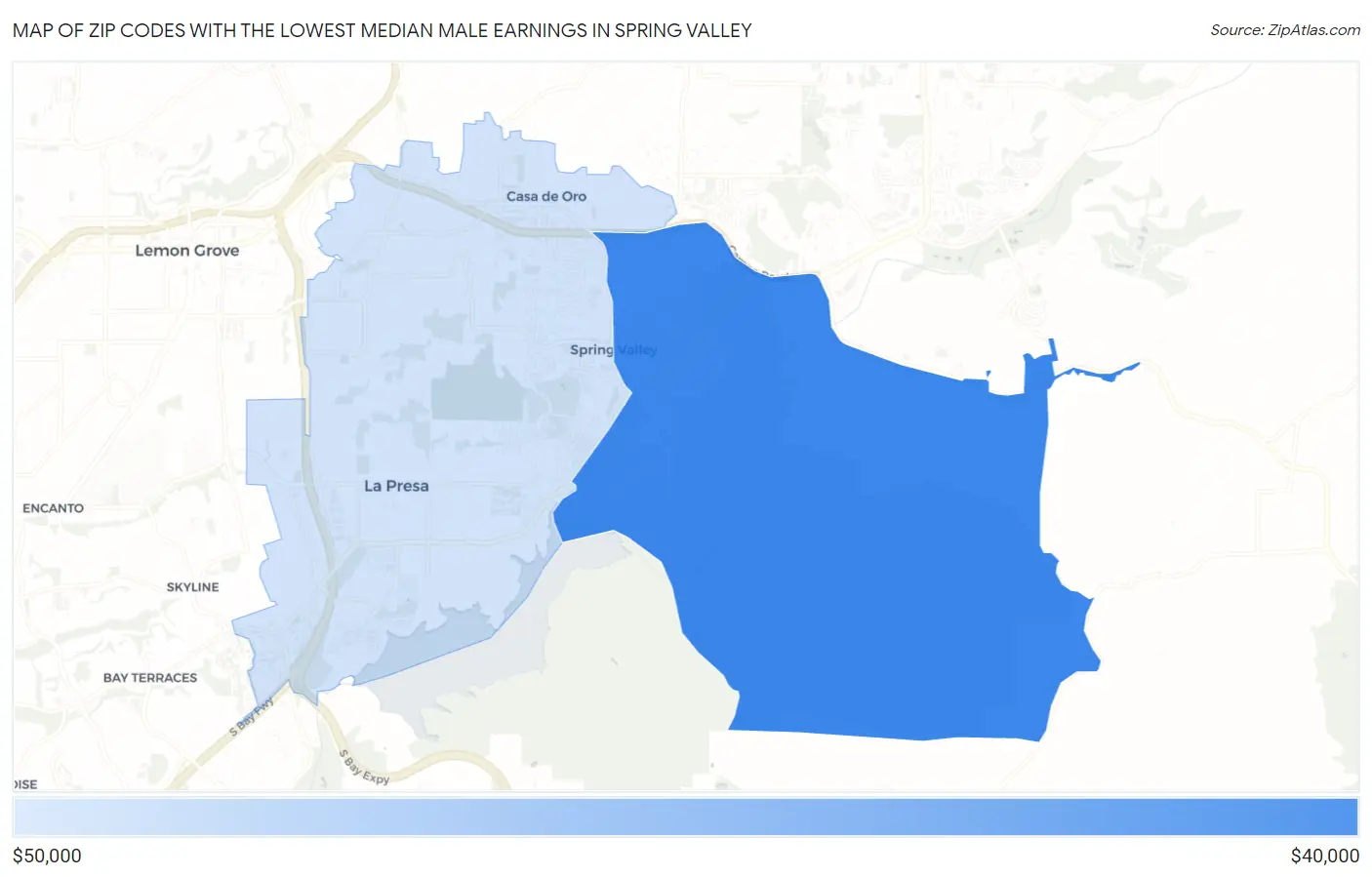 Zip Codes with the Lowest Median Male Earnings in Spring Valley Map