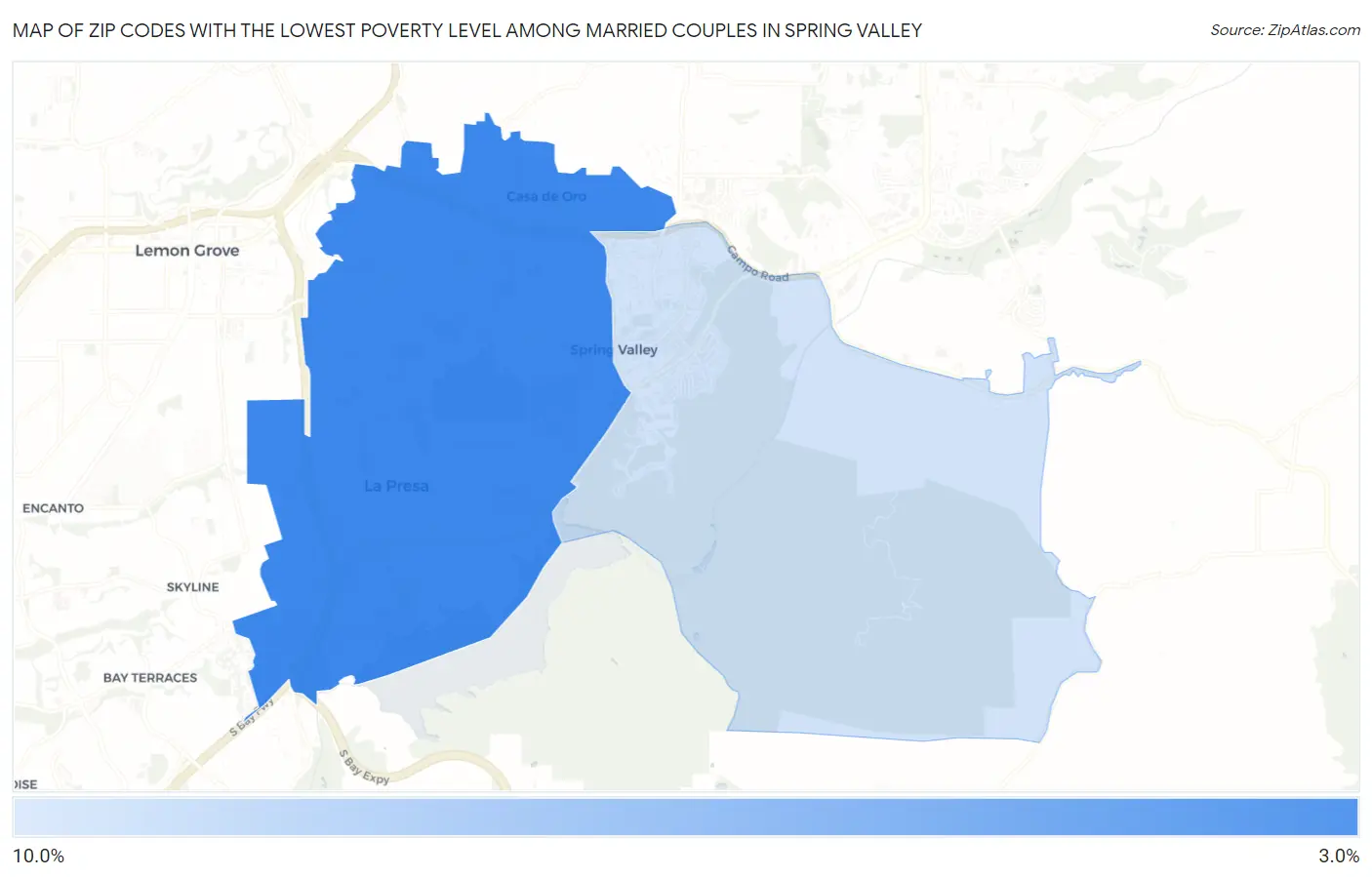 Zip Codes with the Lowest Poverty Level Among Married Couples in Spring Valley Map