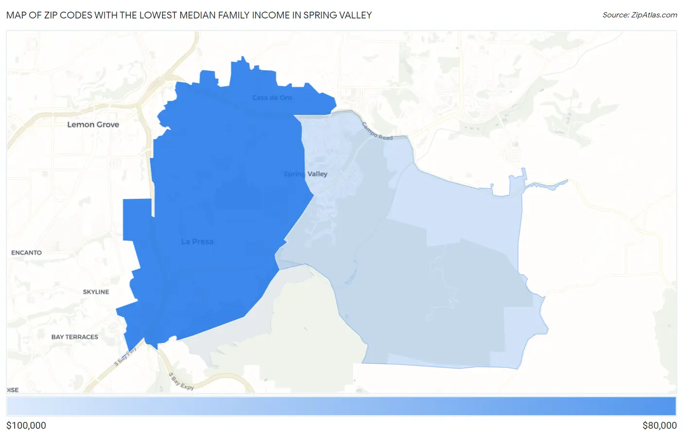 Zip Codes with the Lowest Median Family Income in Spring Valley Map