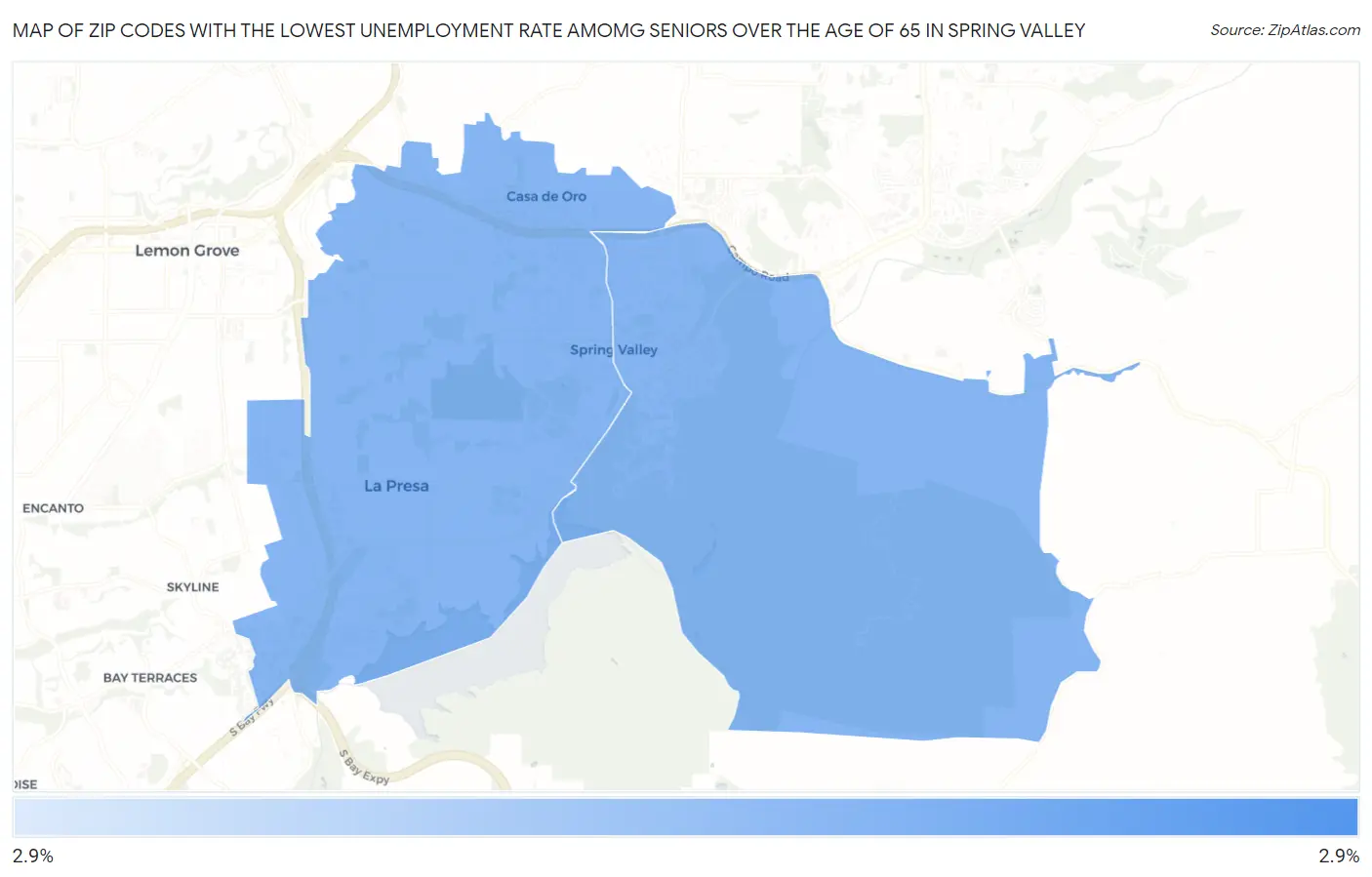 Zip Codes with the Lowest Unemployment Rate Amomg Seniors Over the Age of 65 in Spring Valley Map