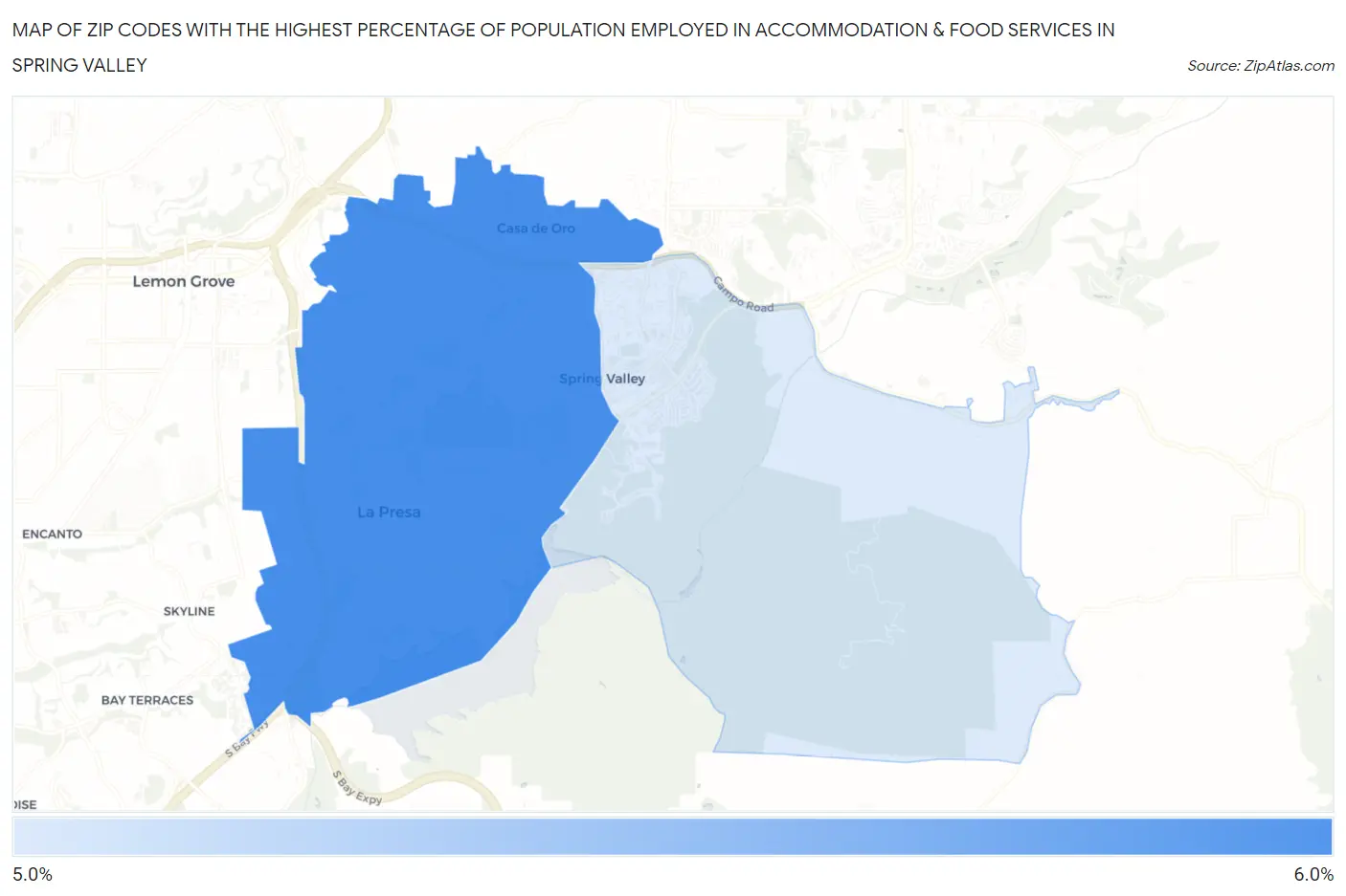 Zip Codes with the Highest Percentage of Population Employed in Accommodation & Food Services in Spring Valley Map