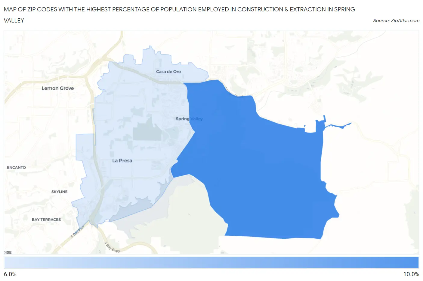 Zip Codes with the Highest Percentage of Population Employed in Construction & Extraction in Spring Valley Map