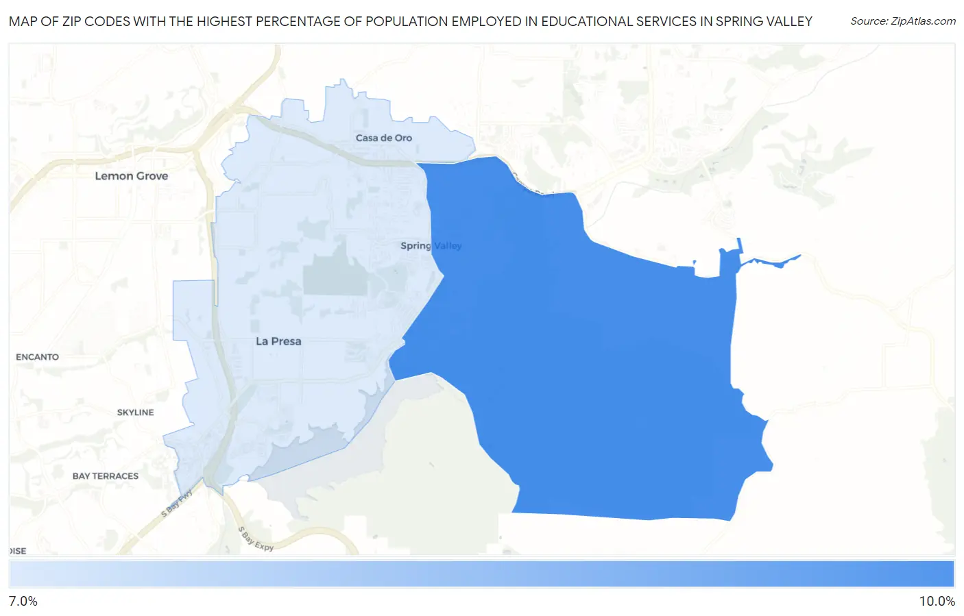 Zip Codes with the Highest Percentage of Population Employed in Educational Services in Spring Valley Map