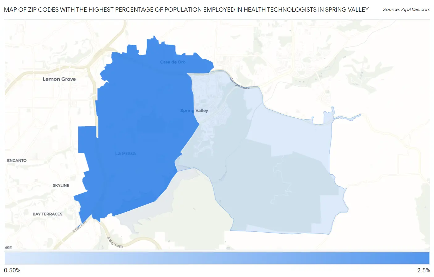 Zip Codes with the Highest Percentage of Population Employed in Health Technologists in Spring Valley Map