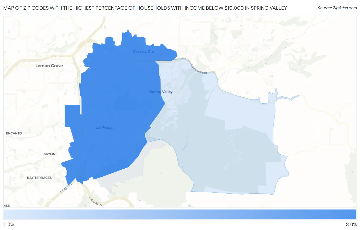 Zip Codes with the Highest Percentage of Households with Income Below $10,000 in Spring Valley Map