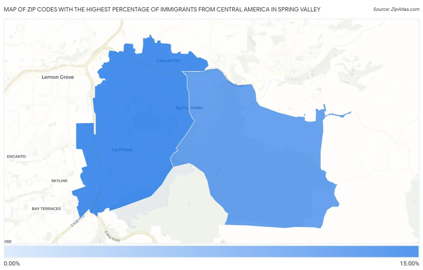 Zip Codes with the Highest Percentage of Immigrants from Central America in Spring Valley Map