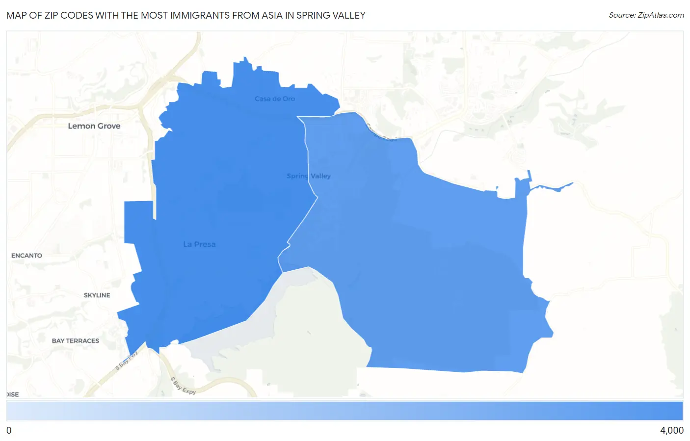 Zip Codes with the Most Immigrants from Asia in Spring Valley Map