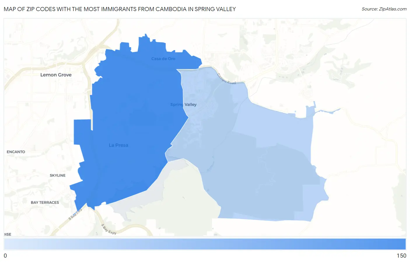Zip Codes with the Most Immigrants from Cambodia in Spring Valley Map
