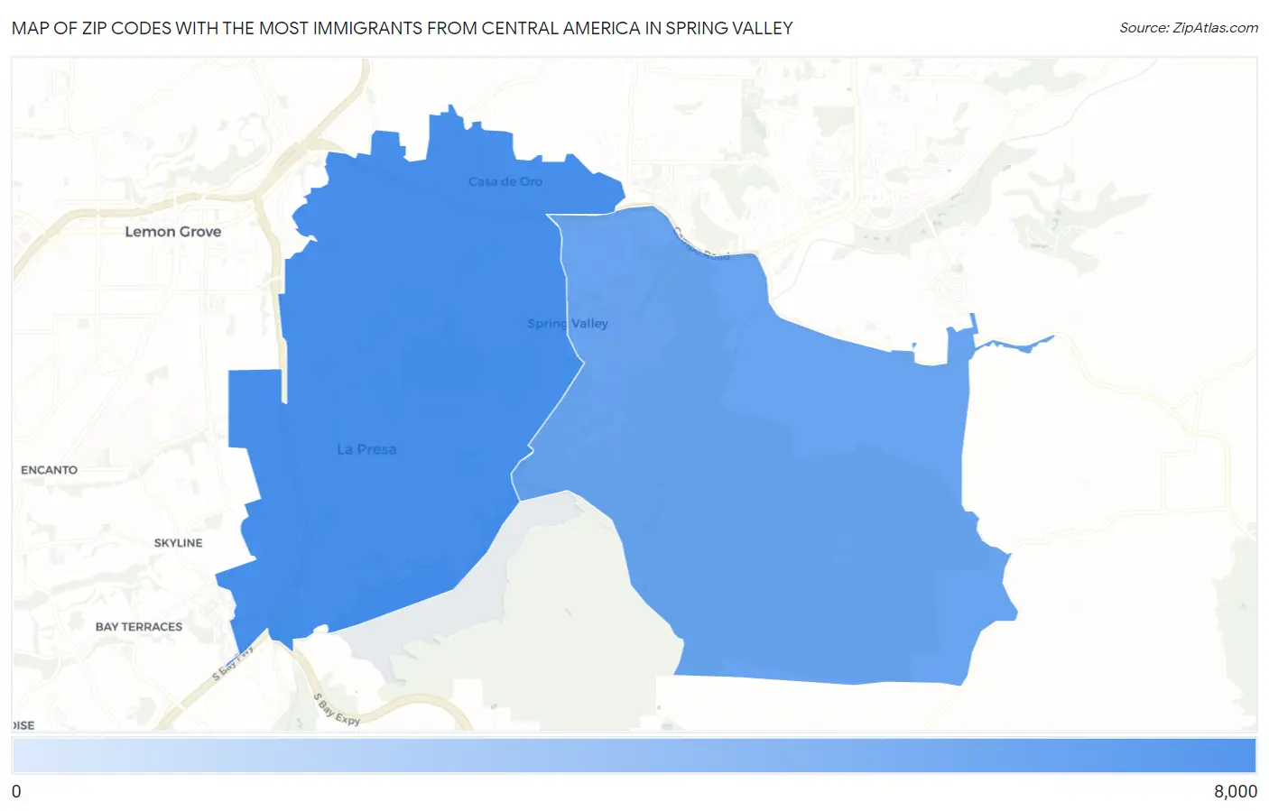 Zip Codes with the Most Immigrants from Central America in Spring Valley Map