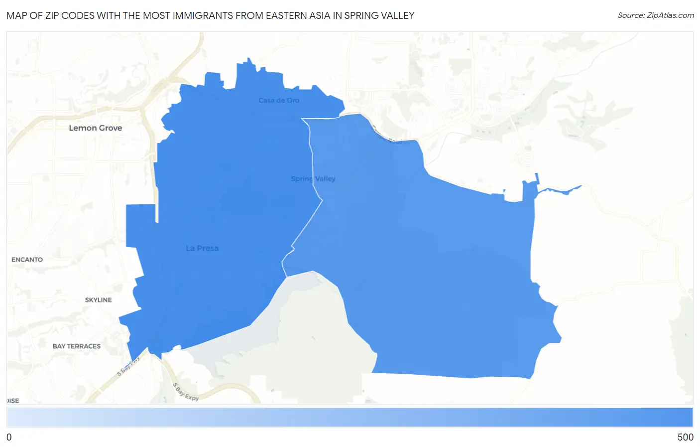 Zip Codes with the Most Immigrants from Eastern Asia in Spring Valley Map