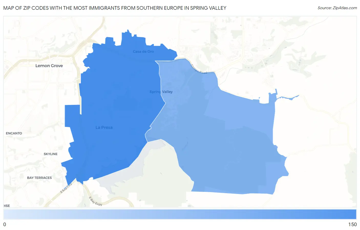 Zip Codes with the Most Immigrants from Southern Europe in Spring Valley Map