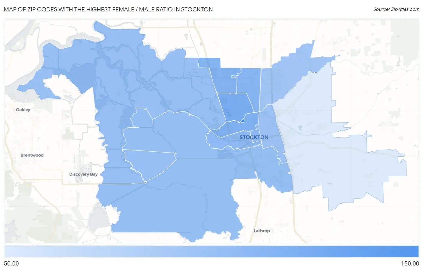 Zip Codes with the Highest Female / Male Ratio in Stockton Map