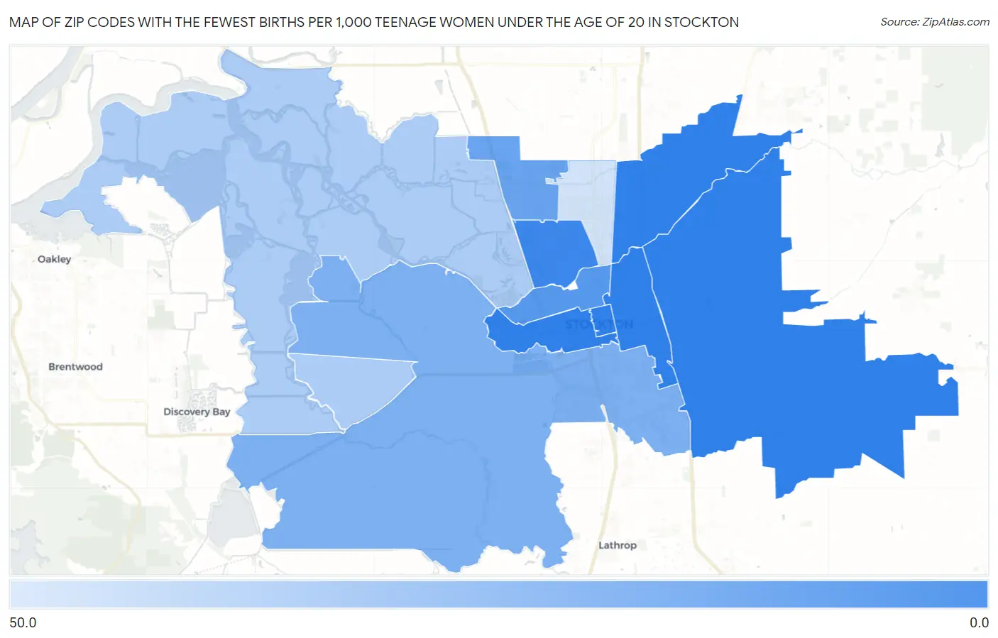 Zip Codes with the Fewest Births per 1,000 Teenage Women Under the Age of 20 in Stockton Map