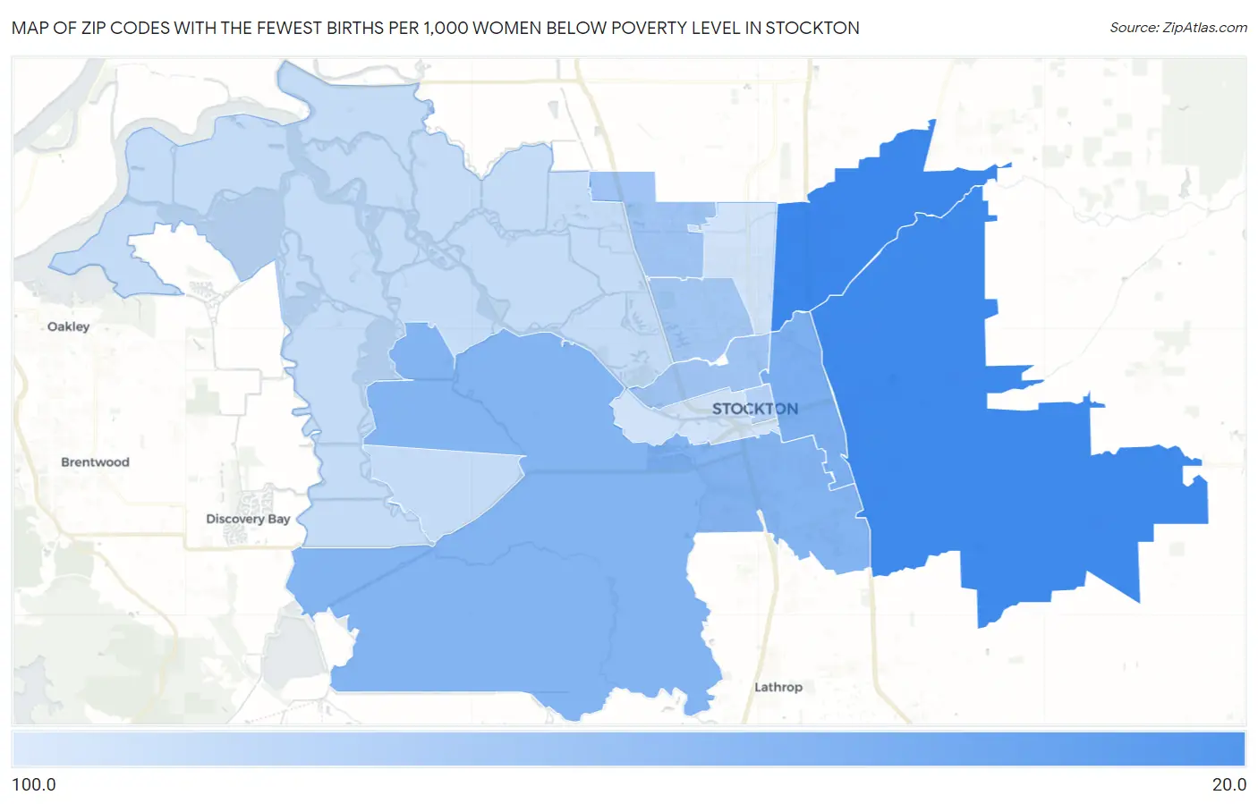 Zip Codes with the Fewest Births per 1,000 Women Below Poverty Level in Stockton Map