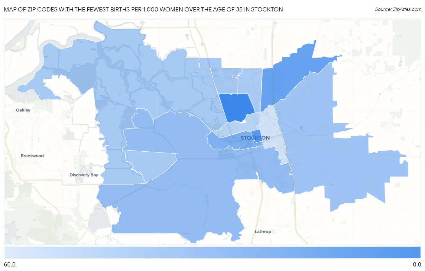 Zip Codes with the Fewest Births per 1,000 Women Over the Age of 35 in Stockton Map