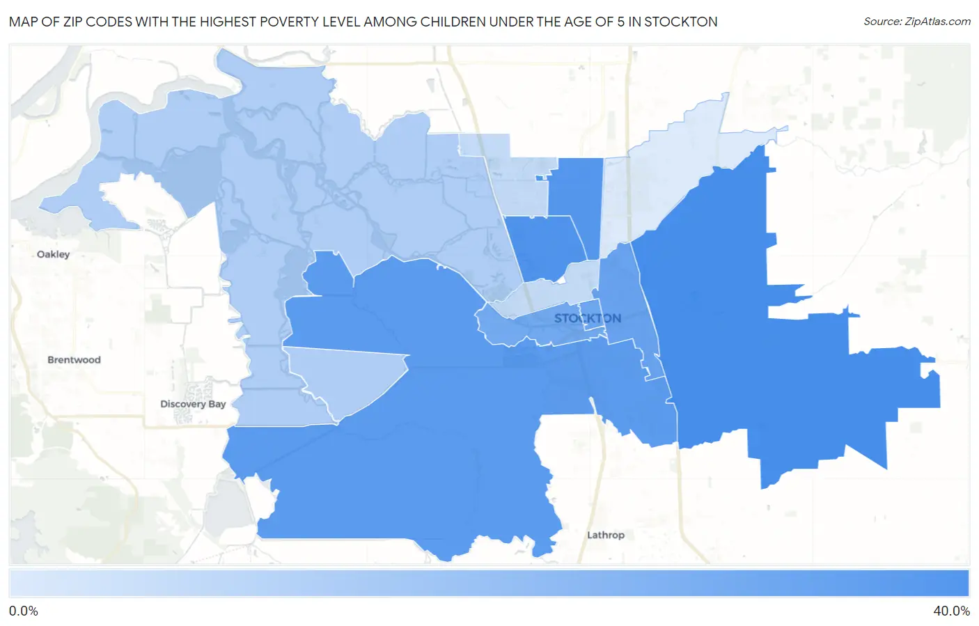 Zip Codes with the Highest Poverty Level Among Children Under the Age of 5 in Stockton Map