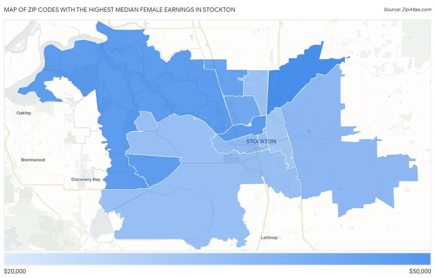 Zip Codes with the Highest Median Female Earnings in Stockton Map