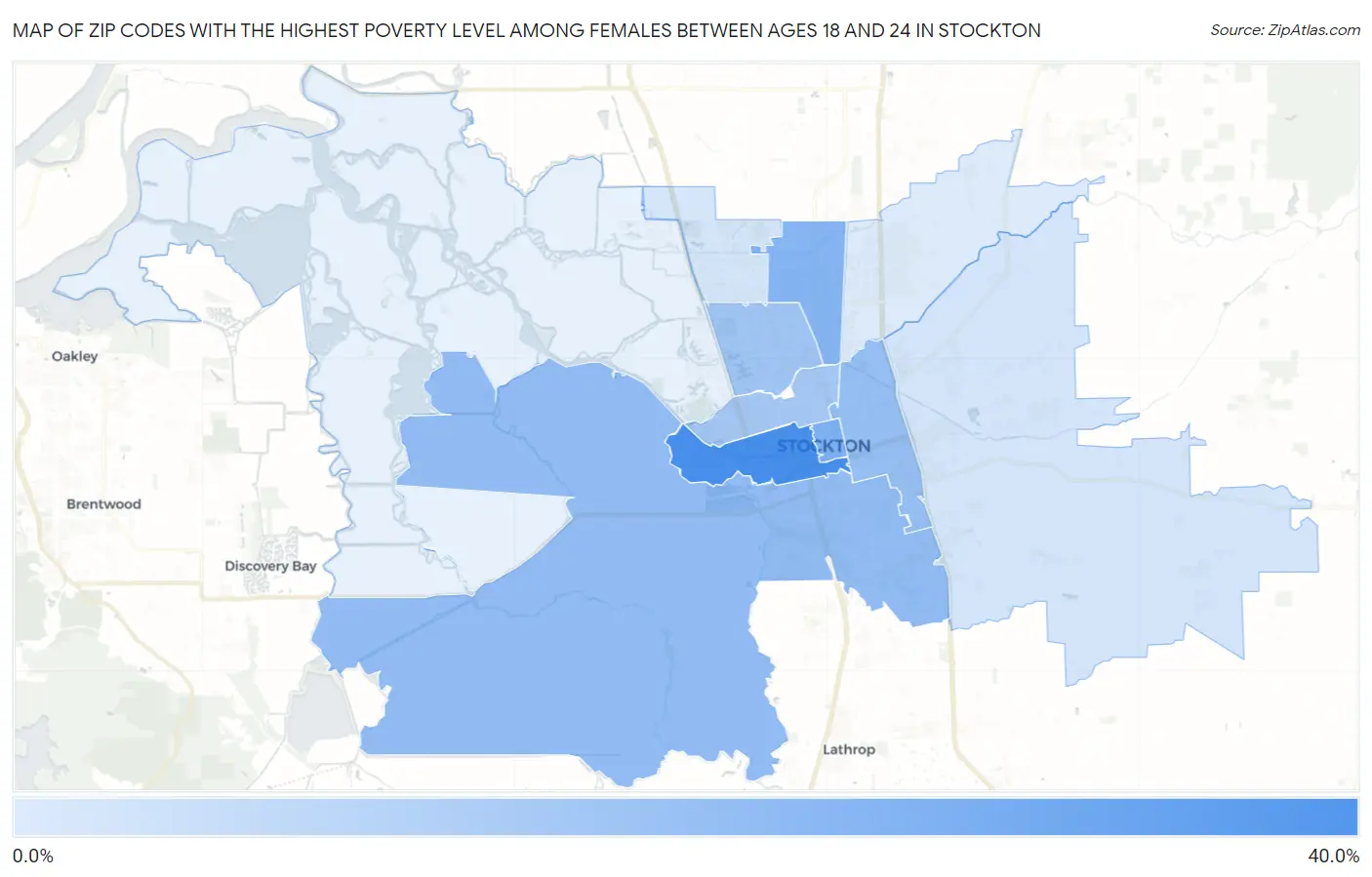 Zip Codes with the Highest Poverty Level Among Females Between Ages 18 and 24 in Stockton Map