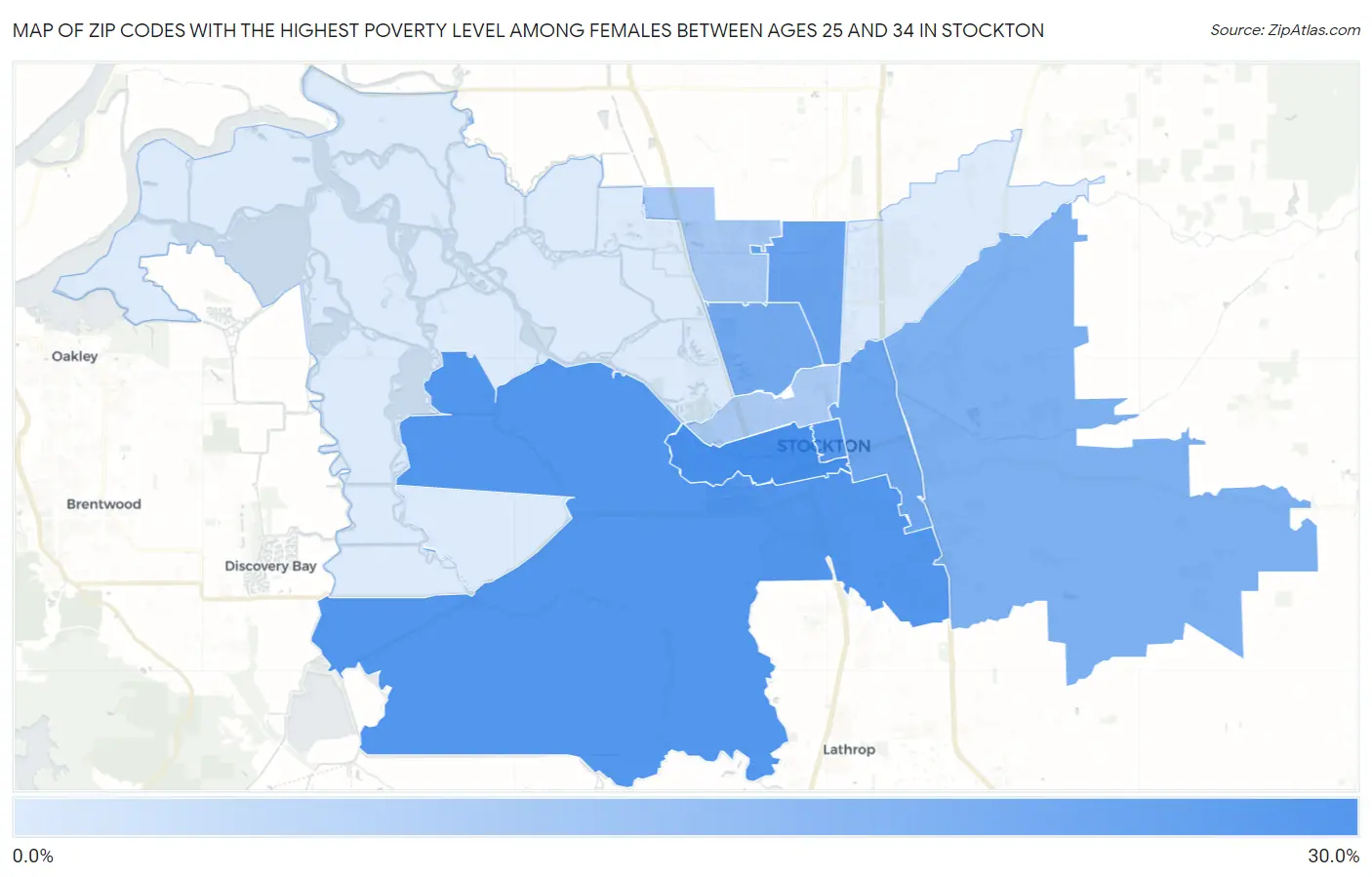 Zip Codes with the Highest Poverty Level Among Females Between Ages 25 and 34 in Stockton Map