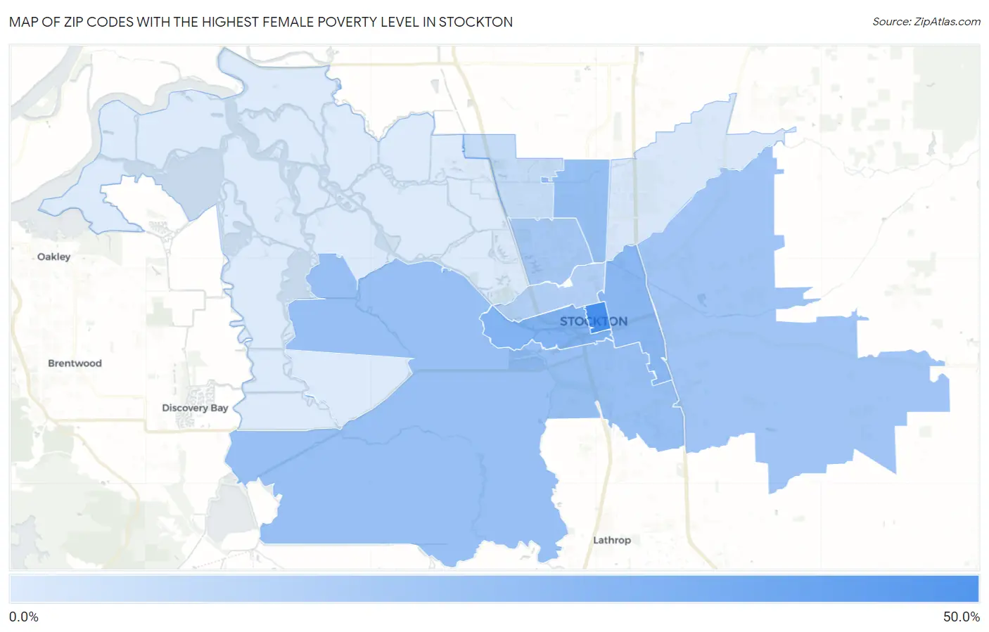 Zip Codes with the Highest Female Poverty Level in Stockton Map