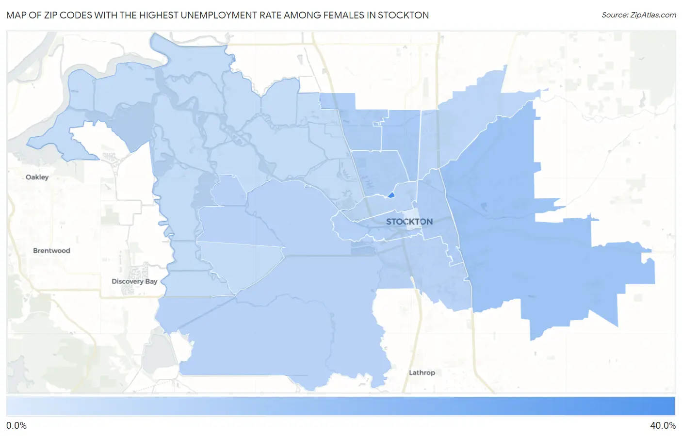 Zip Codes with the Highest Unemployment Rate Among Females in Stockton Map