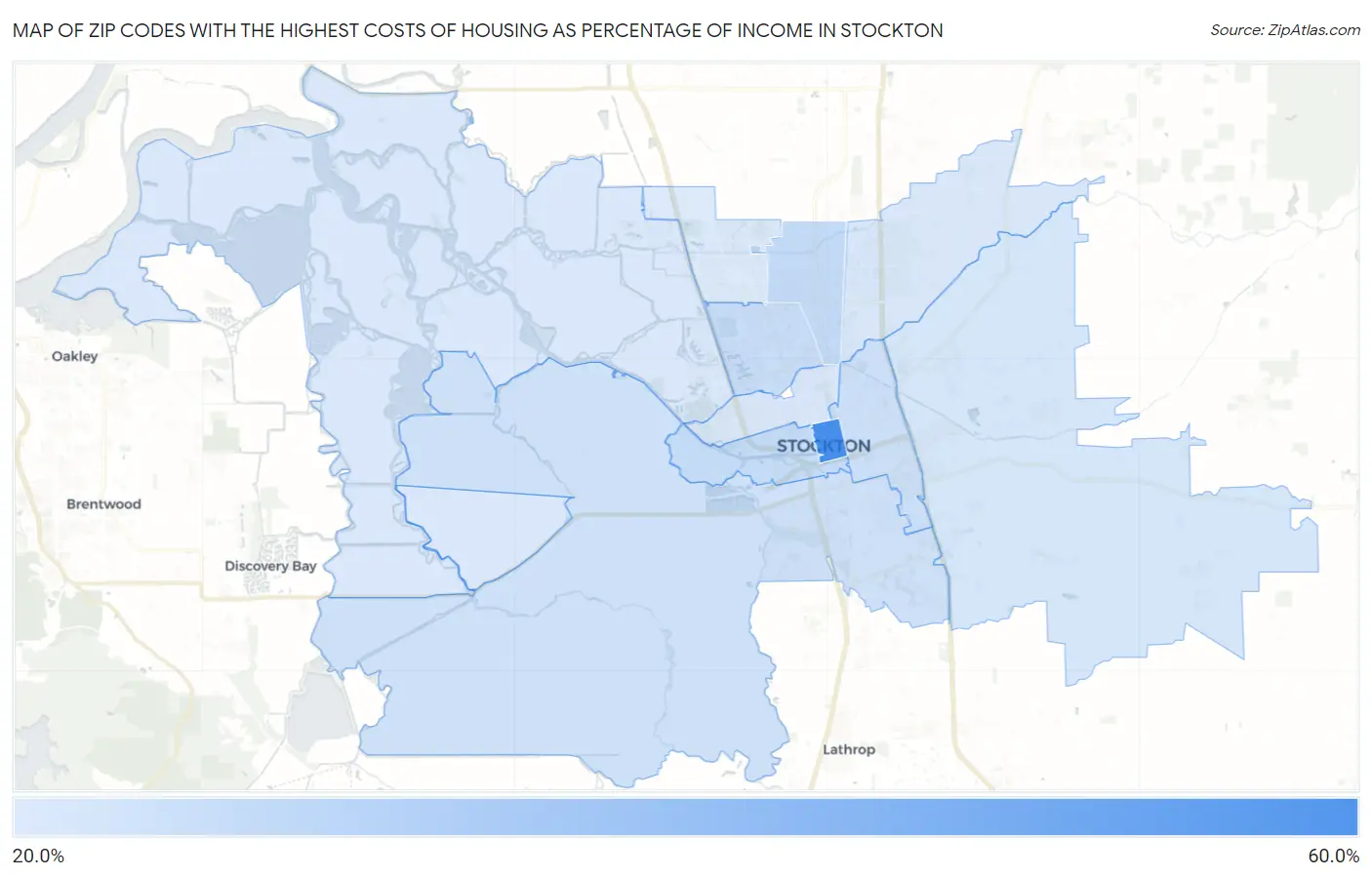 Zip Codes with the Highest Costs of Housing as Percentage of Income in Stockton Map