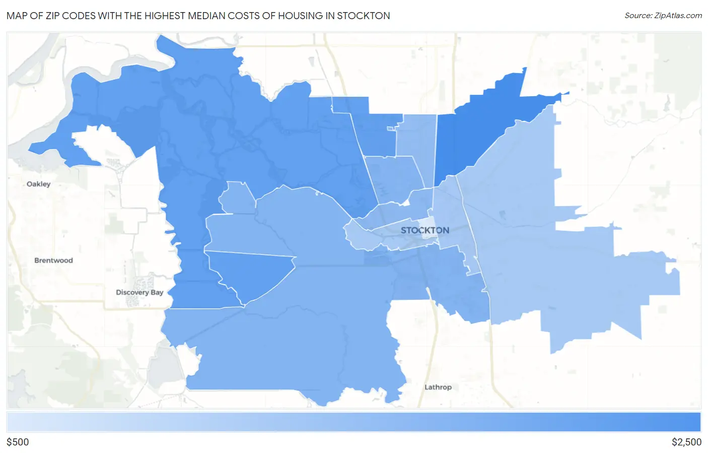 Zip Codes with the Highest Median Costs of Housing in Stockton Map