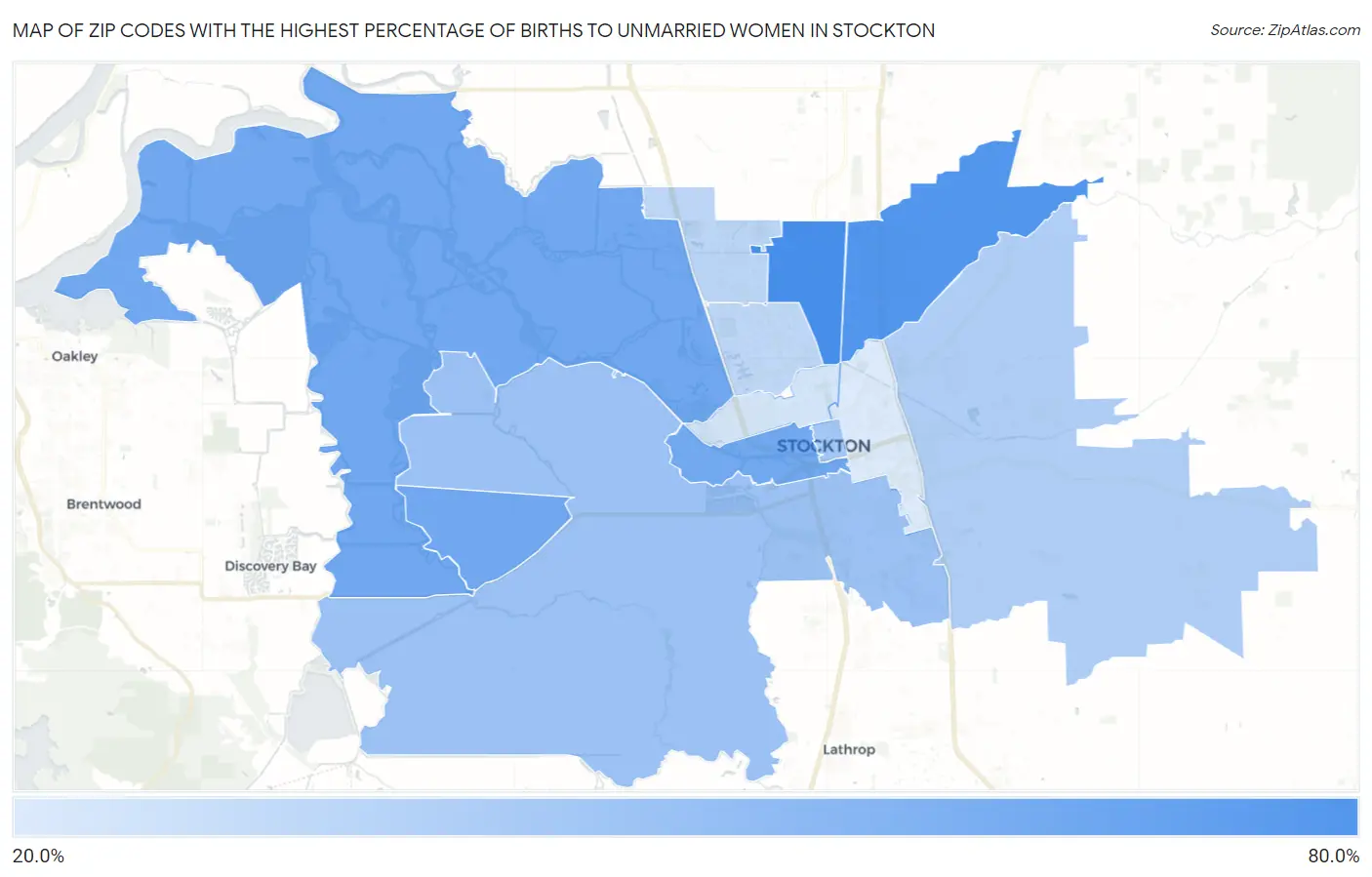 Zip Codes with the Highest Percentage of Births to Unmarried Women in Stockton Map