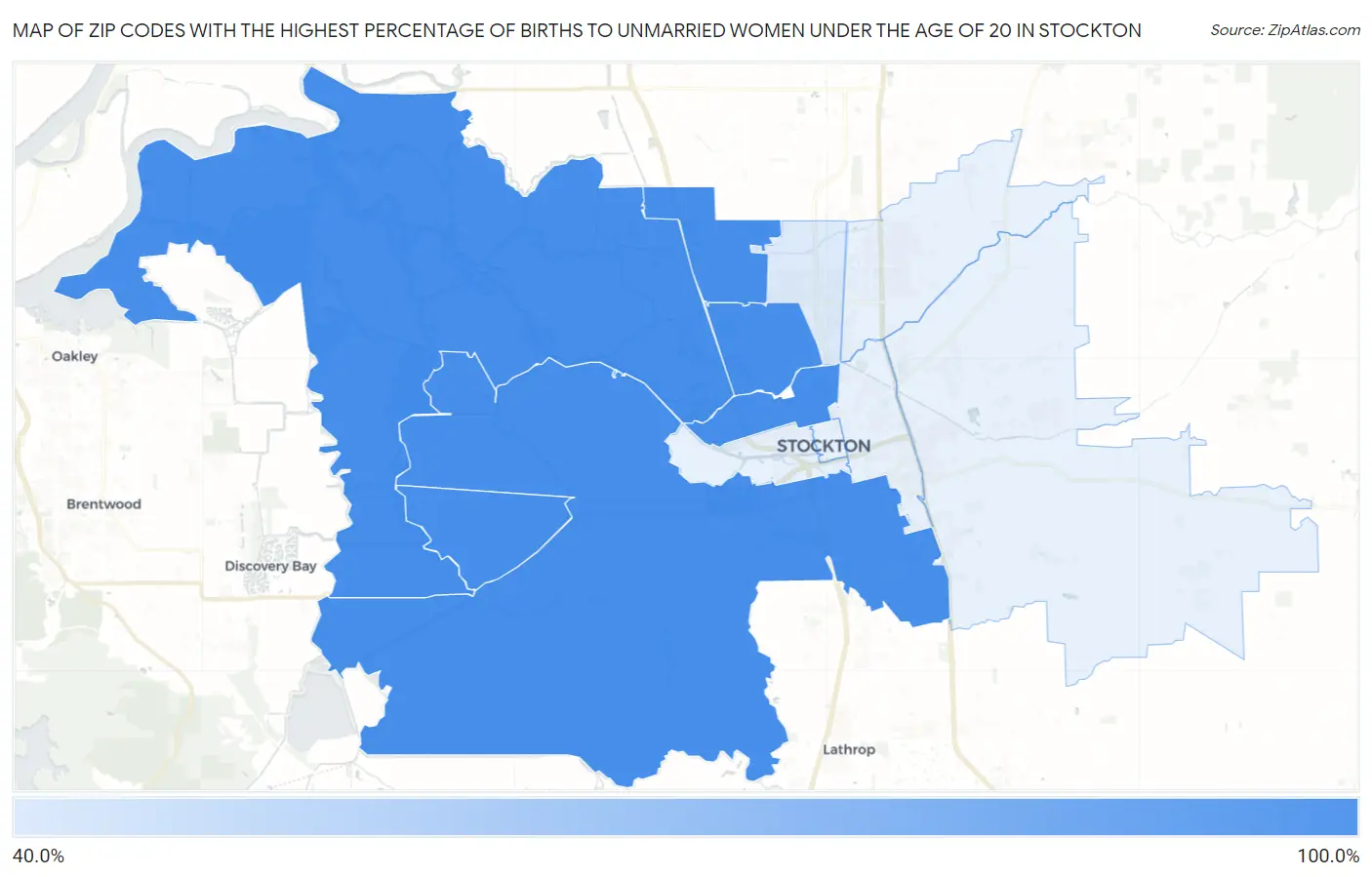 Zip Codes with the Highest Percentage of Births to Unmarried Women under the Age of 20 in Stockton Map