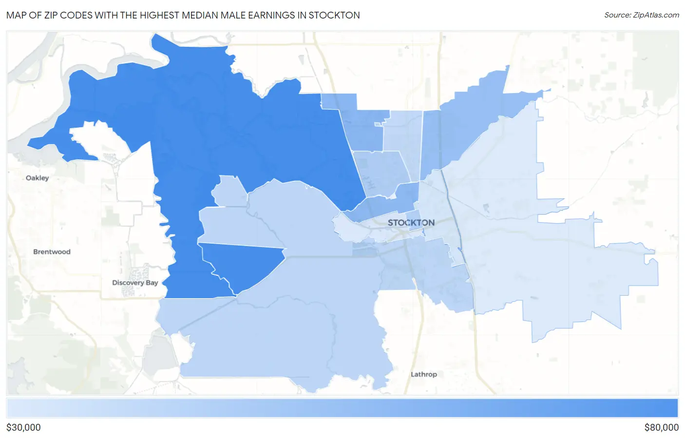Zip Codes with the Highest Median Male Earnings in Stockton Map