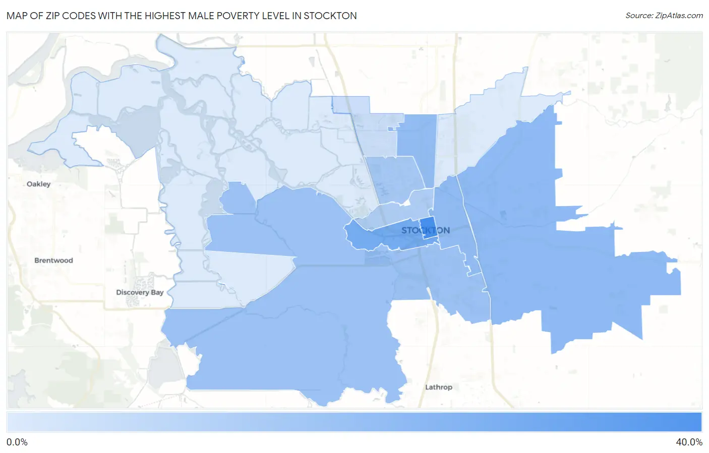 Zip Codes with the Highest Male Poverty Level in Stockton Map