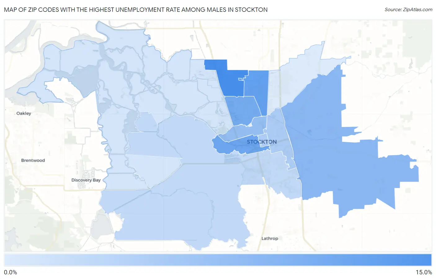 Zip Codes with the Highest Unemployment Rate Among Males in Stockton Map