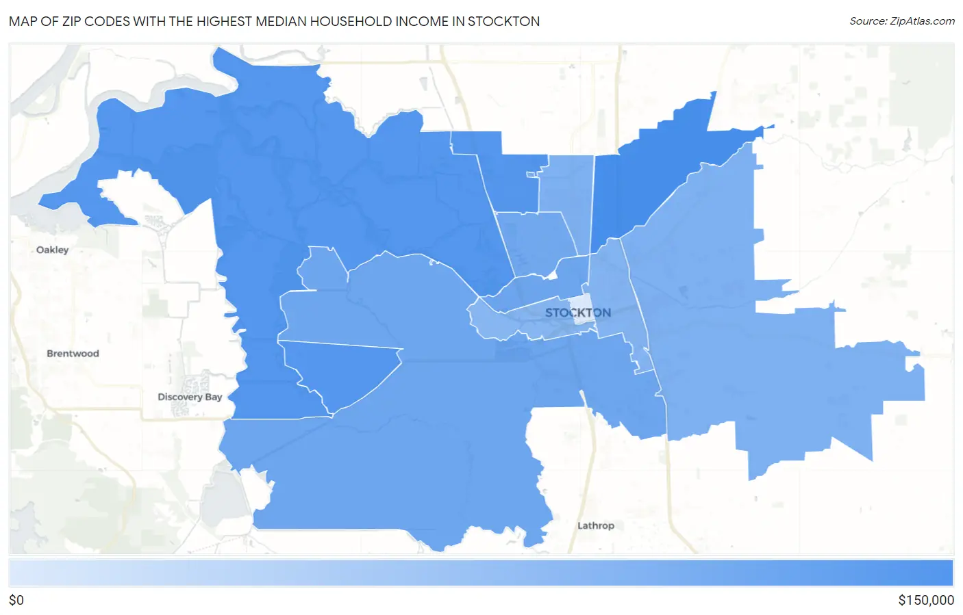Zip Codes with the Highest Median Household Income in Stockton Map