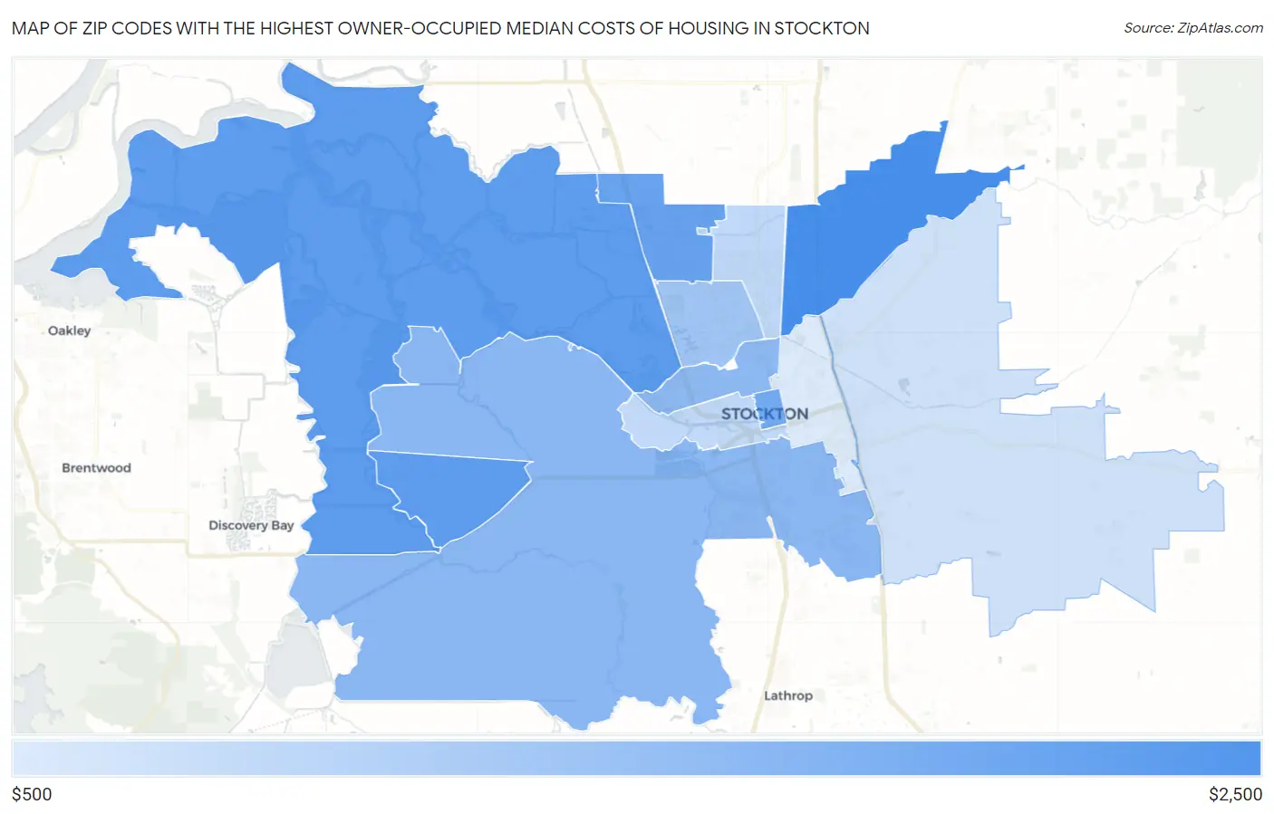 Zip Codes with the Highest Owner-Occupied Median Costs of Housing in Stockton Map