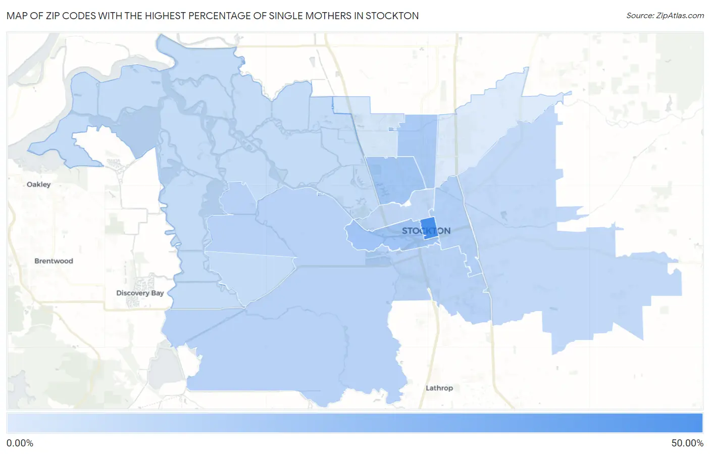 Zip Codes with the Highest Percentage of Single Mothers in Stockton Map