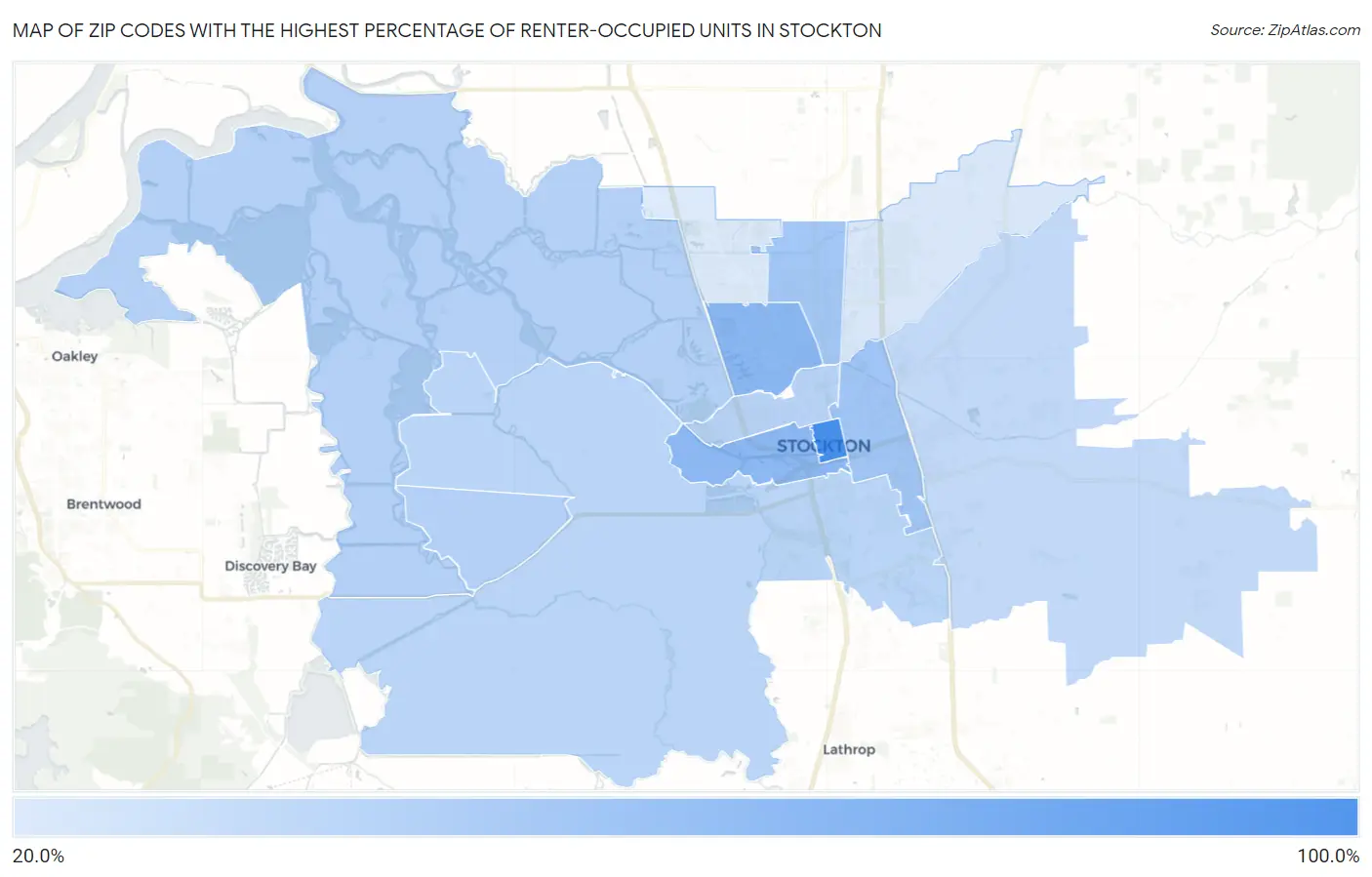 Zip Codes with the Highest Percentage of Renter-Occupied Units in Stockton Map