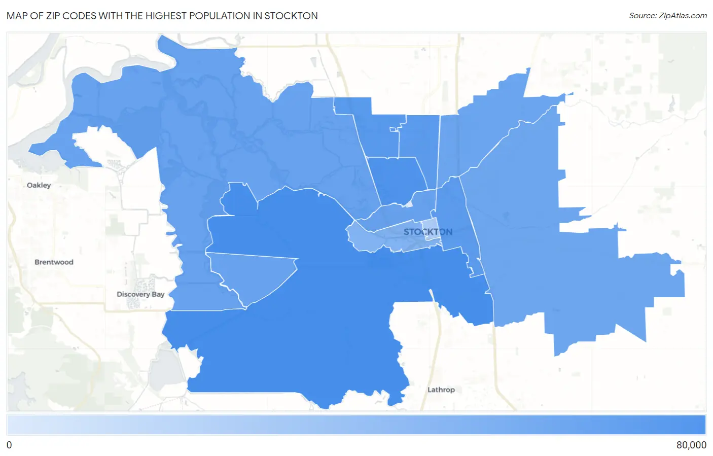 Zip Codes with the Highest Population in Stockton Map