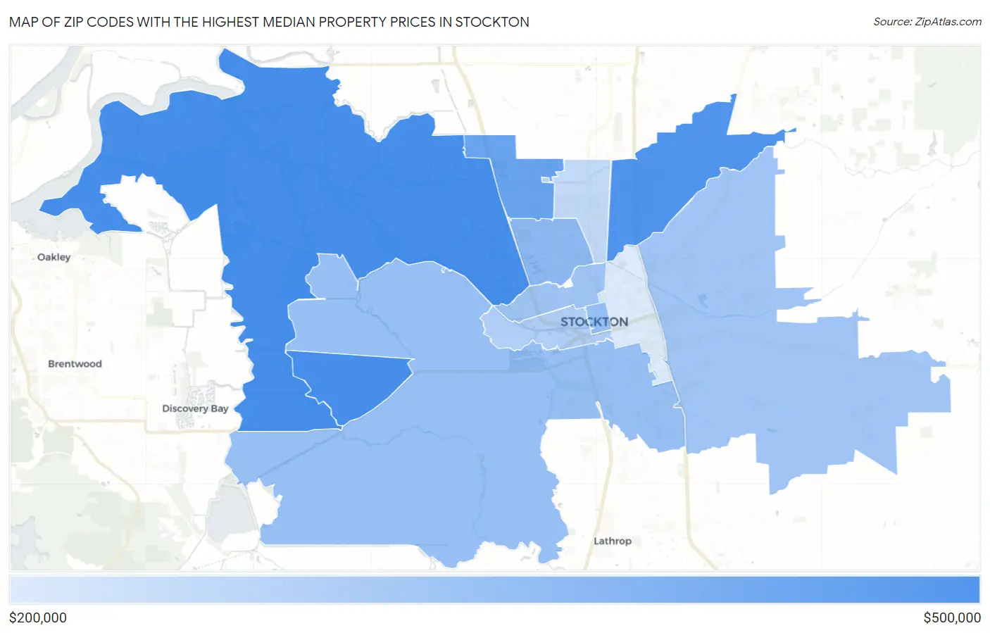 Zip Codes with the Highest Median Property Prices in Stockton Map