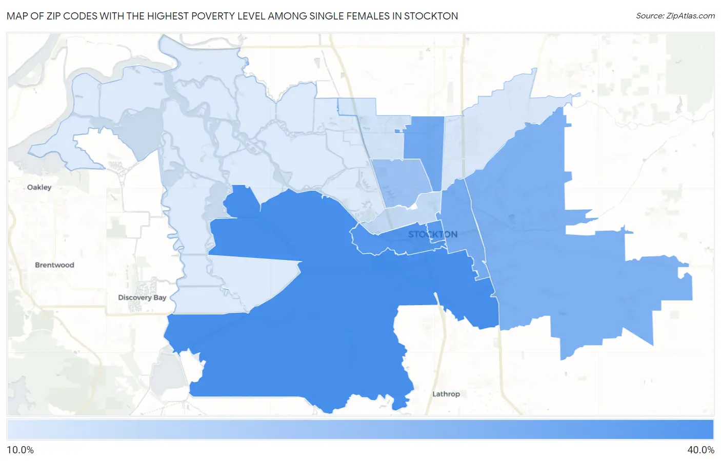Zip Codes with the Highest Poverty Level Among Single Females in Stockton Map