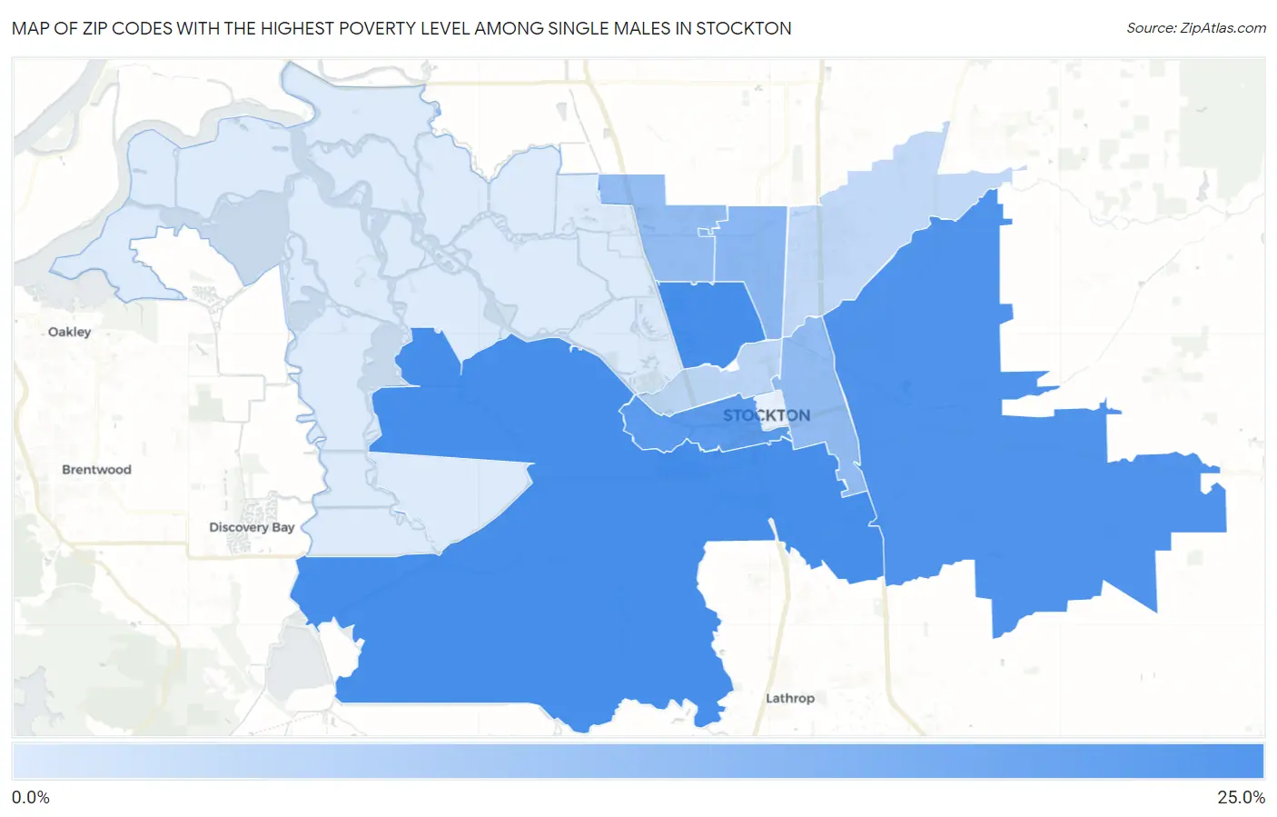Zip Codes with the Highest Poverty Level Among Single Males in Stockton Map