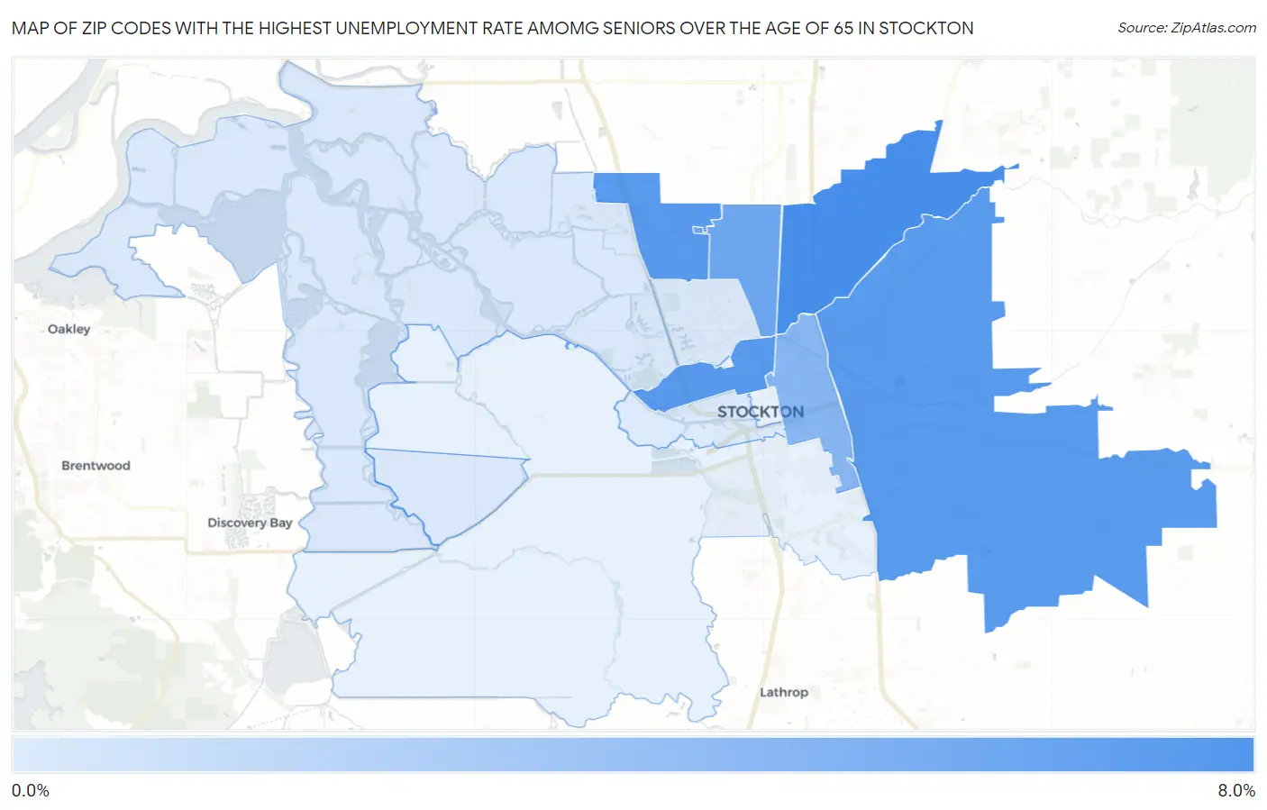 Zip Codes with the Highest Unemployment Rate Amomg Seniors Over the Age of 65 in Stockton Map