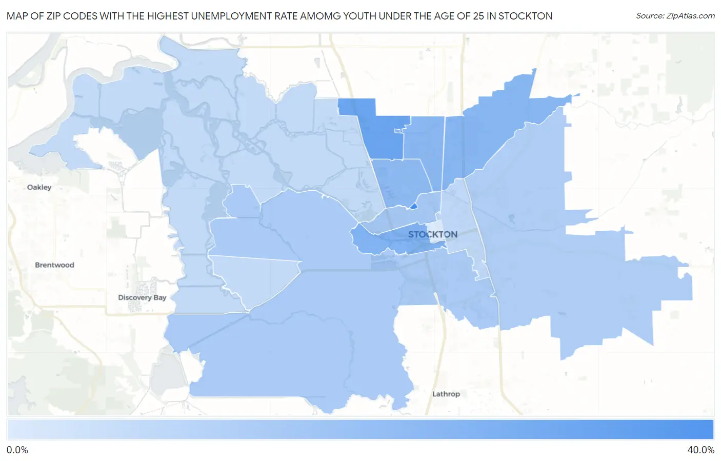 Zip Codes with the Highest Unemployment Rate Amomg Youth Under the Age of 25 in Stockton Map