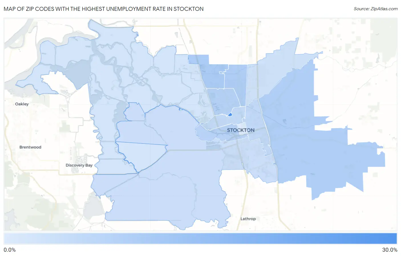 Zip Codes with the Highest Unemployment Rate in Stockton Map
