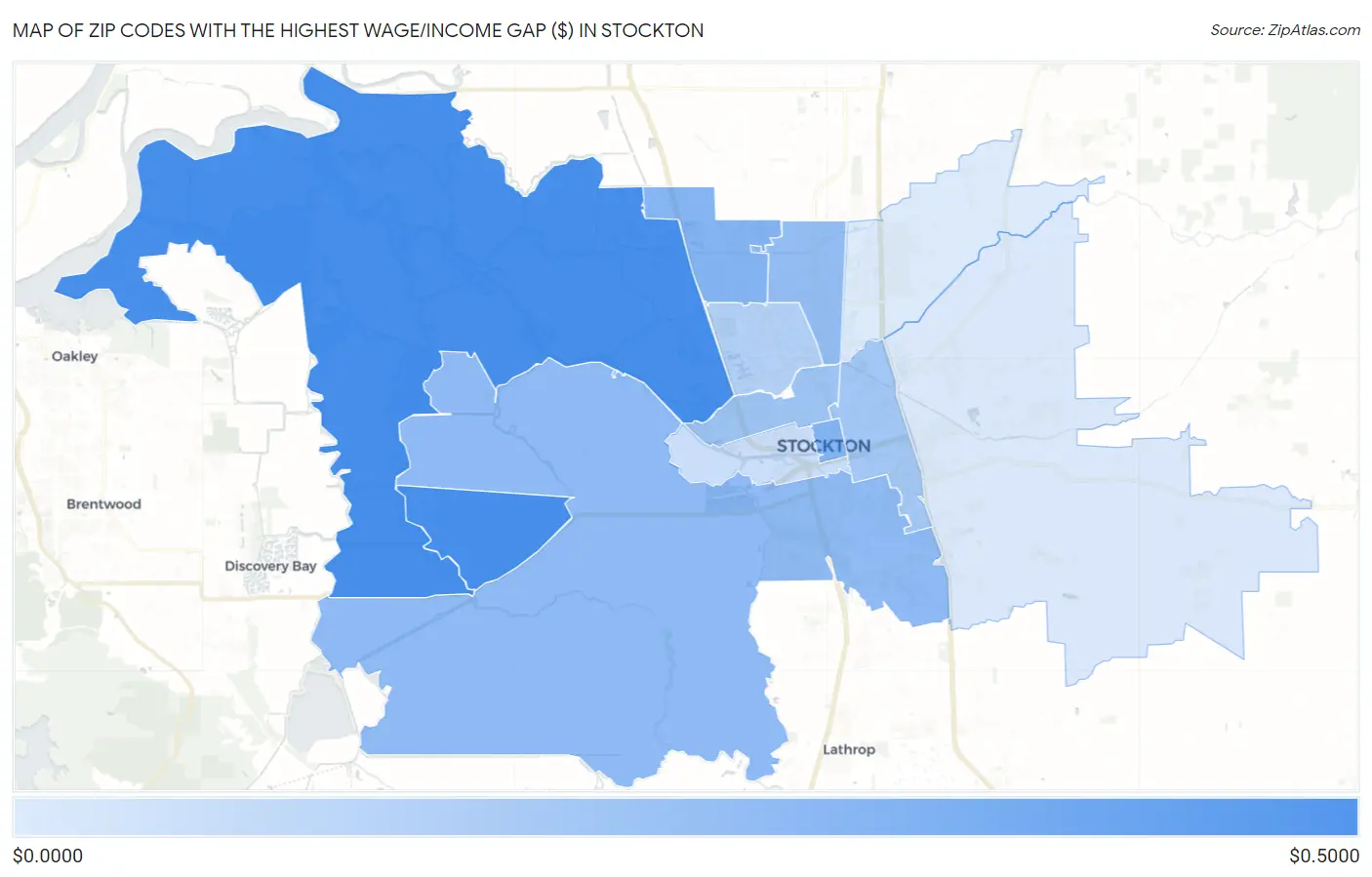 Zip Codes with the Highest Wage/Income Gap ($) in Stockton Map